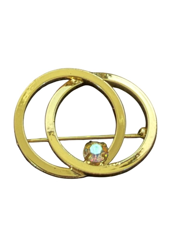 Vintage Gold-Tone Double Circles Brooch Pin Abrhinestone Center Simple
